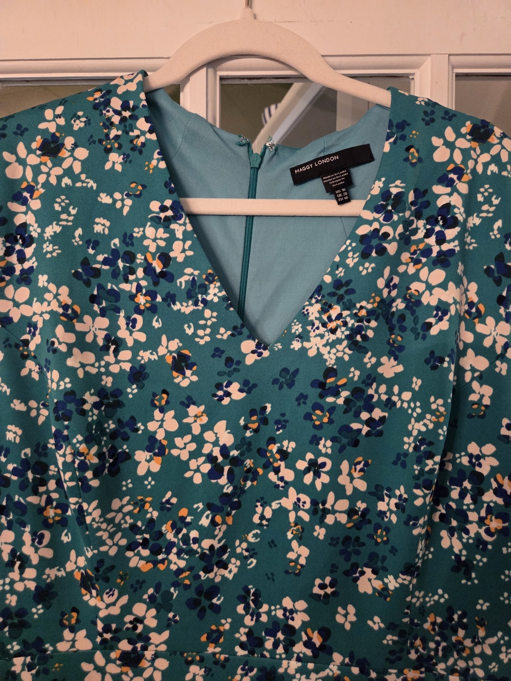 Maggy London Teal Floral V-Neck Midi Dress - Size 16 - Picture 8 of 9